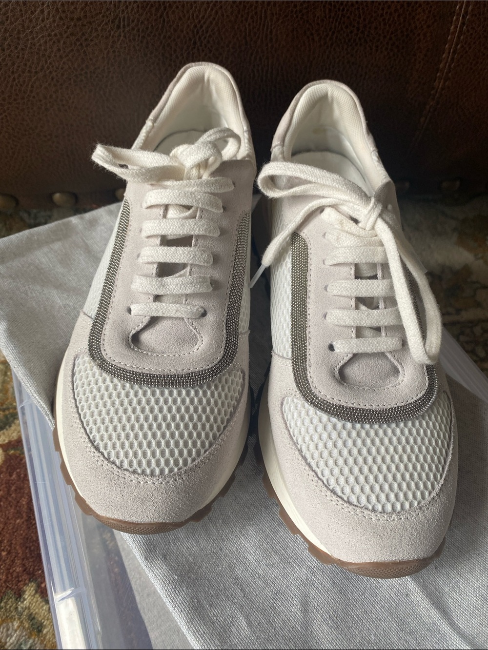 $1295 Brunello Cucinelli white/light gray mesh and suede sneakers w/monili 37.5 - Picture 2 of 12